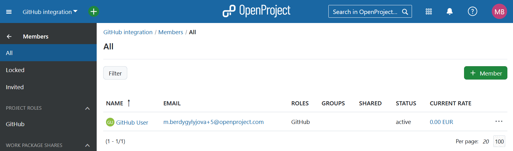 GitHub user added as member to project with respective role