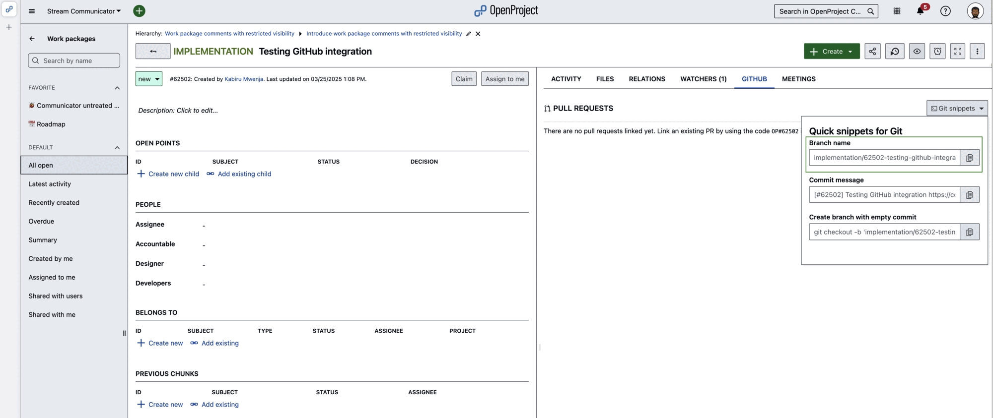 Git snippet to create a branch with empty commit under GitHub tab in a work package in OpenProject