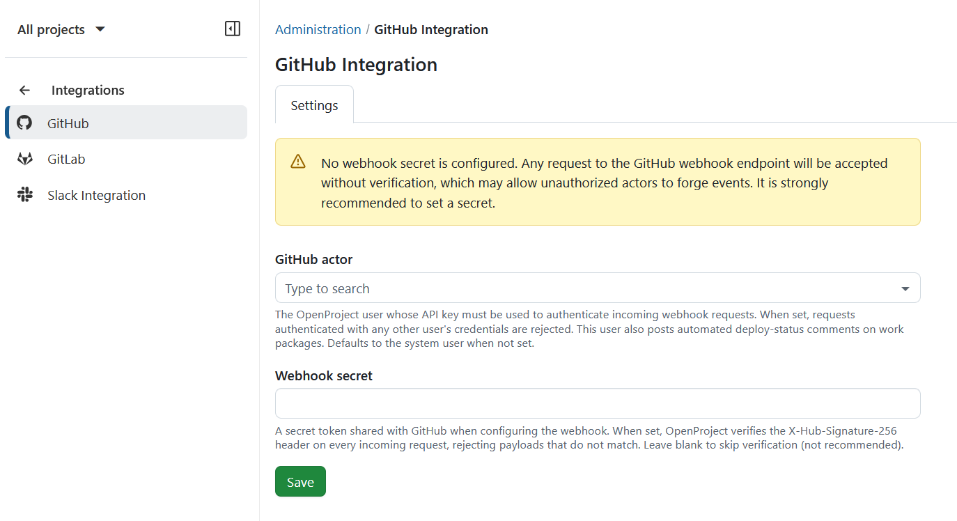 Administration settings to specify webhook secret for GitHub integration in OpenProject