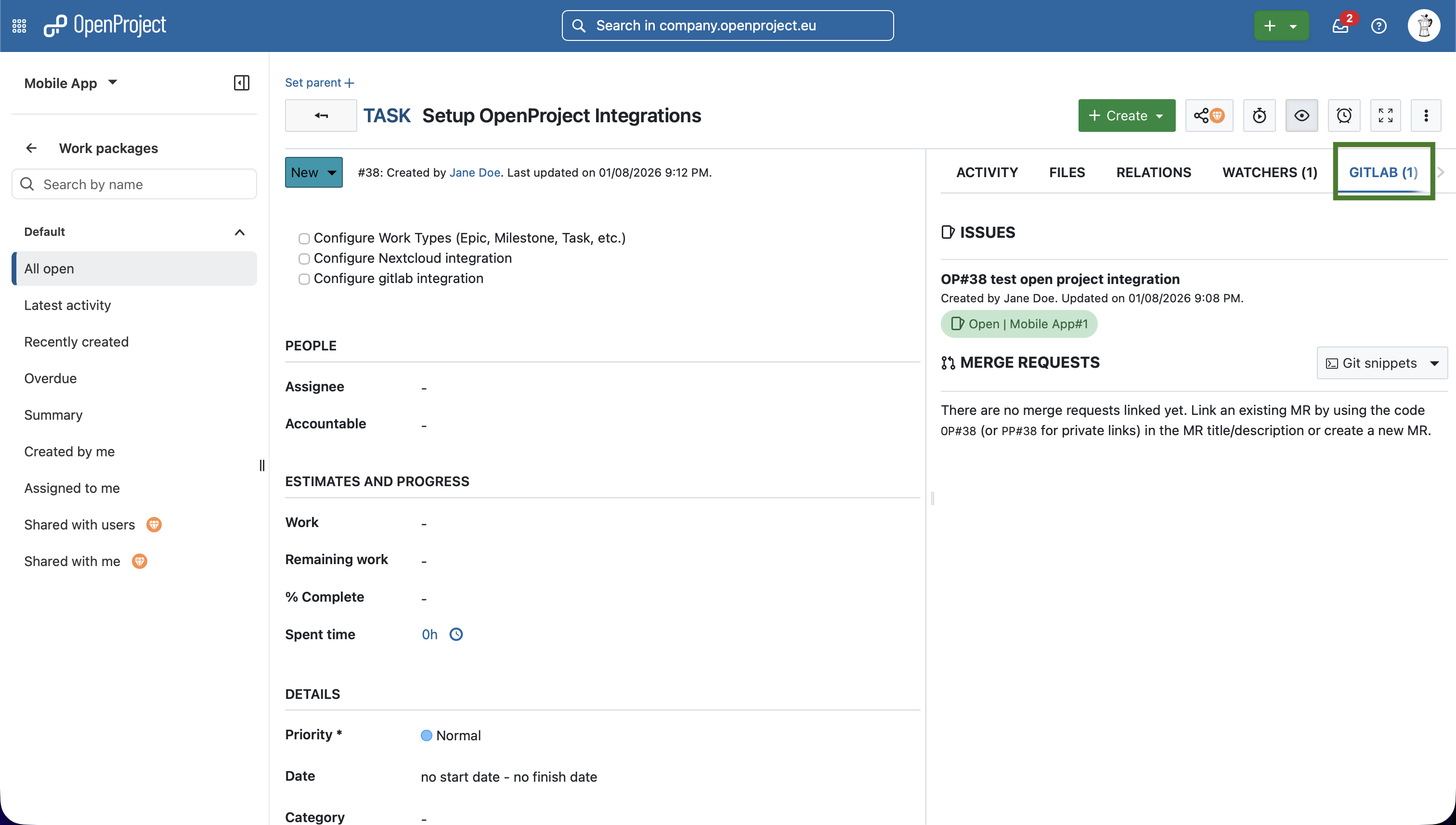 Gitlab tab in an OpenProject work package