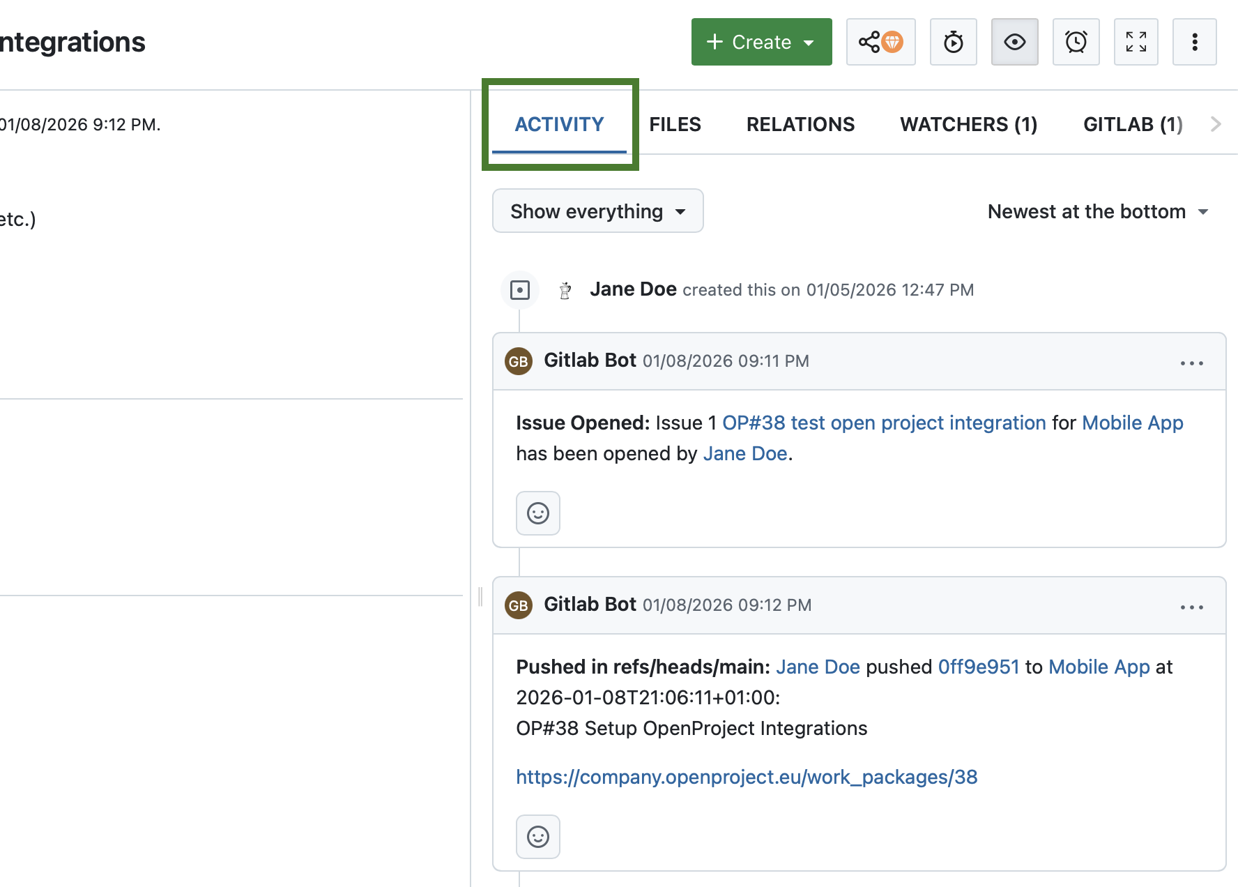 GitLab comments on work package activity tab