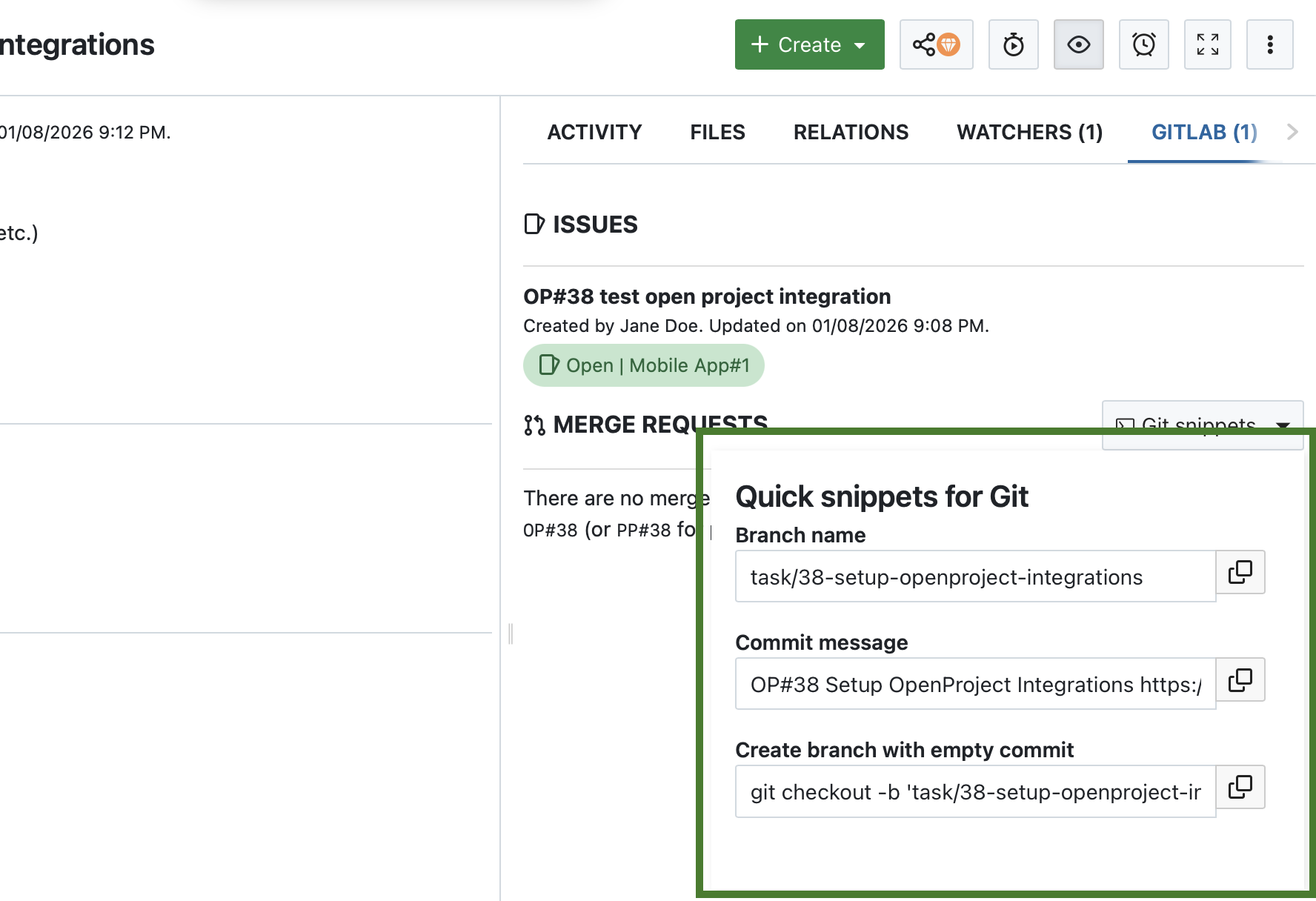 Git snippets for GitLab integration in OpenProject
