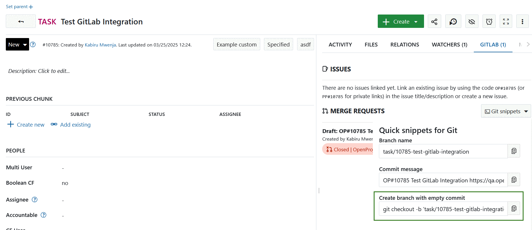 Git snippet to create a branch with empty commit under GitLab tab in a work package in OpenProject