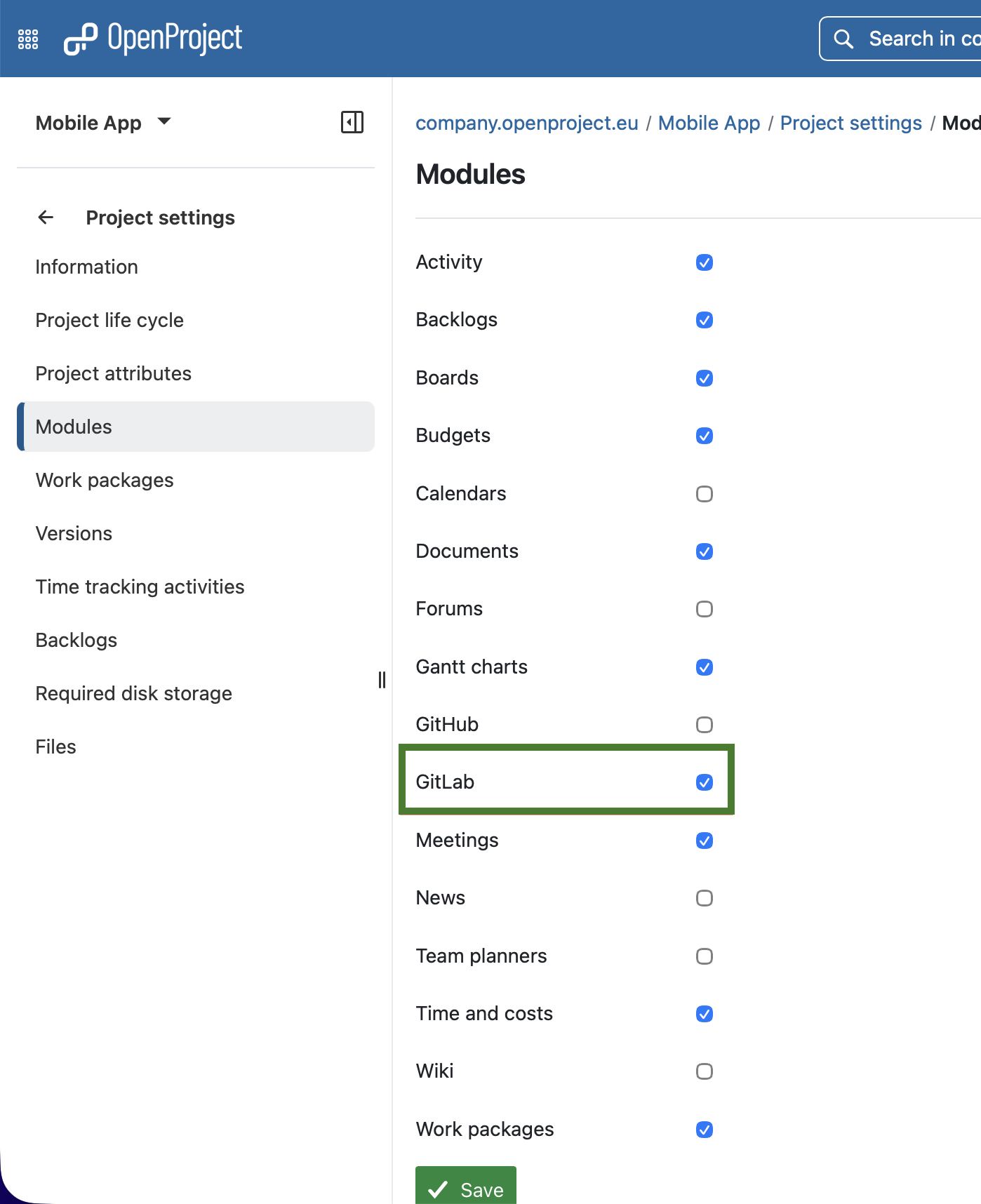 Activate a GitLab module in OpenProject