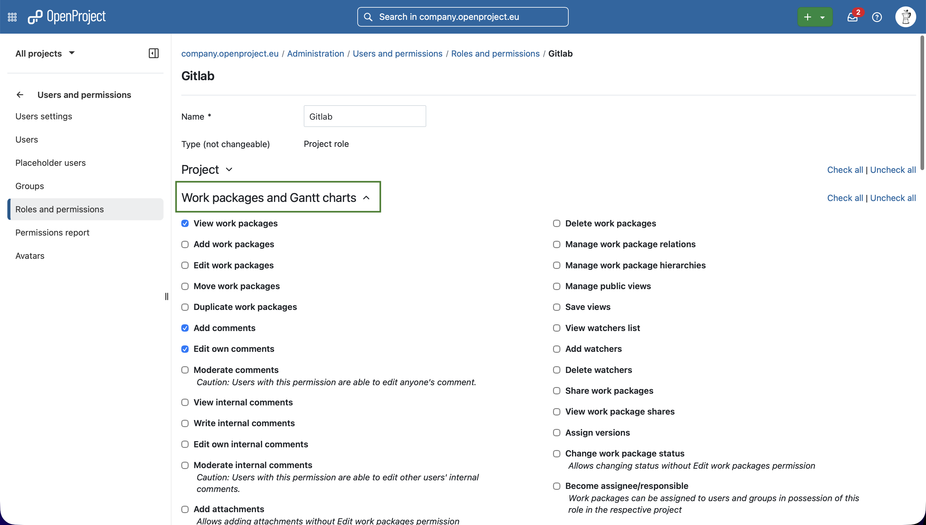 GitLab role with required permissions in OpenProject