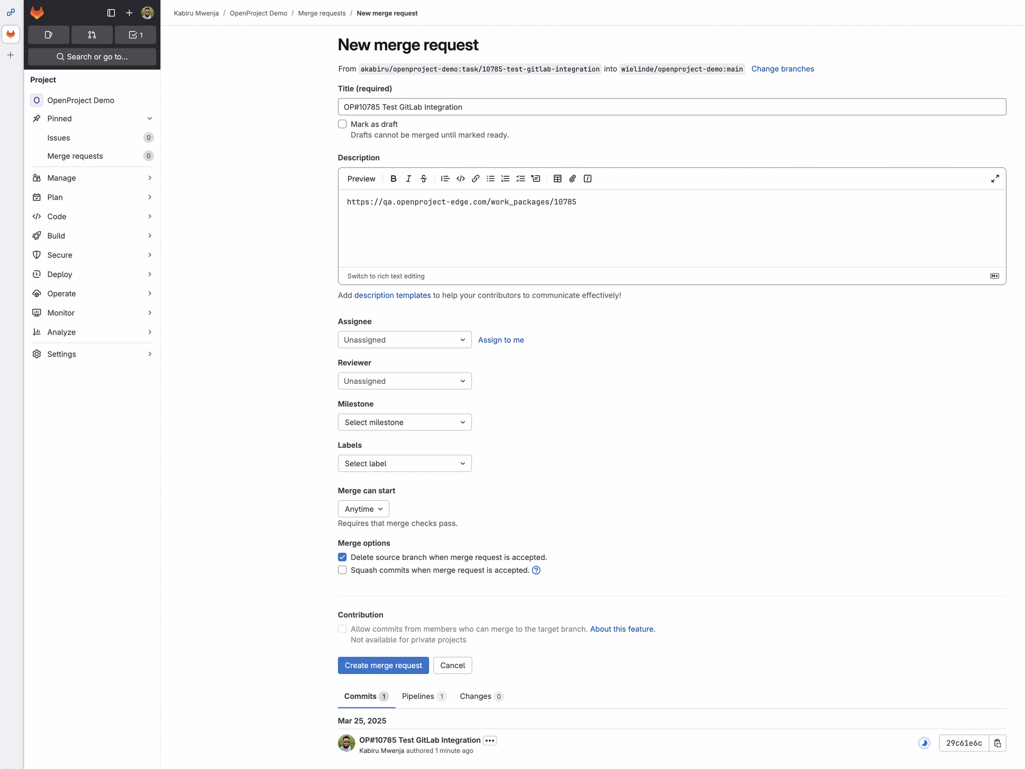 New GitLab merge request created by git snippet entered into CLI