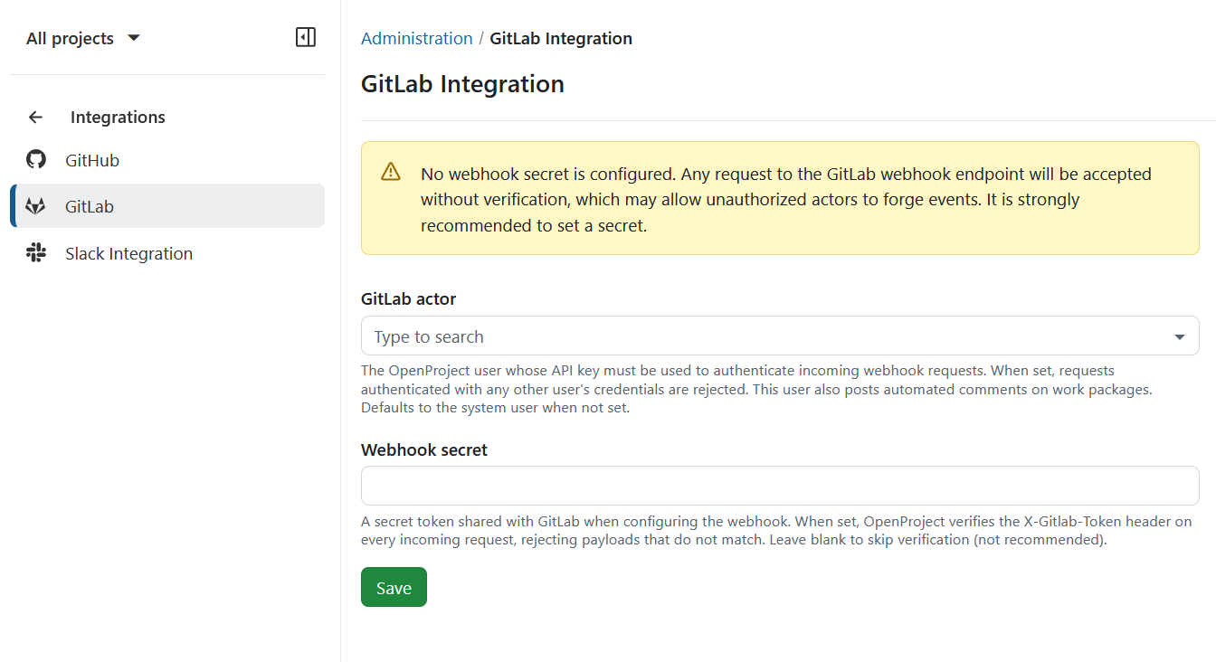 Form to define GitLab actor and webhook secrets in OpenProject administration