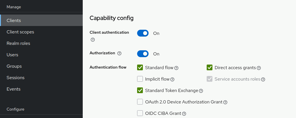 The capability config section of a client with Standard Token Exchange enabled