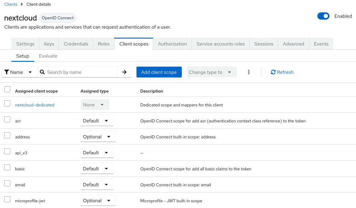Nextcloud client with an additional scope added as default