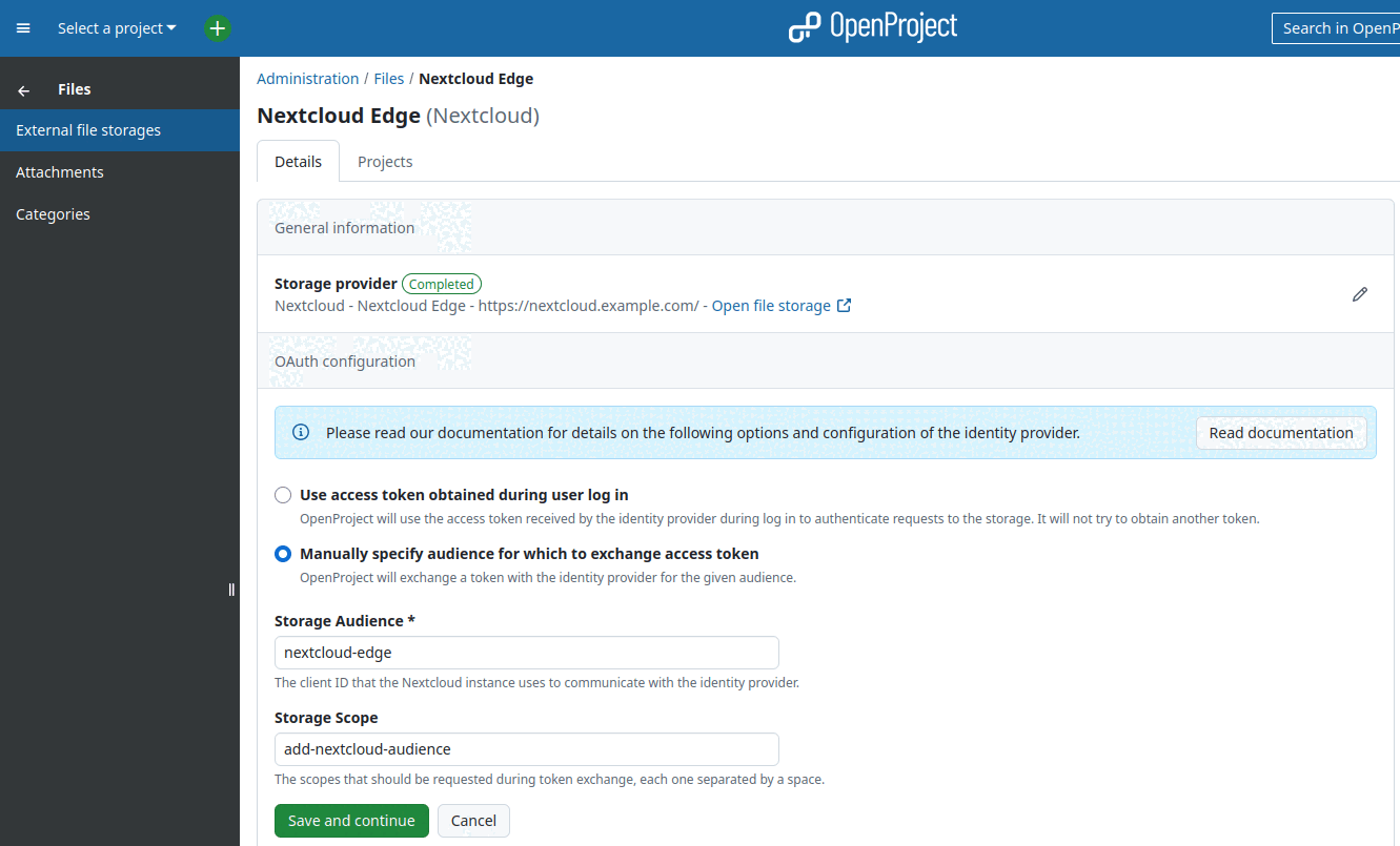 OpenProject is configured to manually exchange tokens for the audience called nextcloud requesting a scope called add-nextcloud-audience
