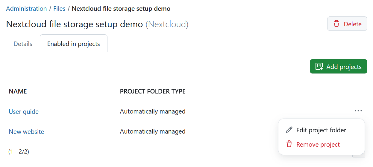 Remove Nextcloud file storage from a project in OpenProject administration