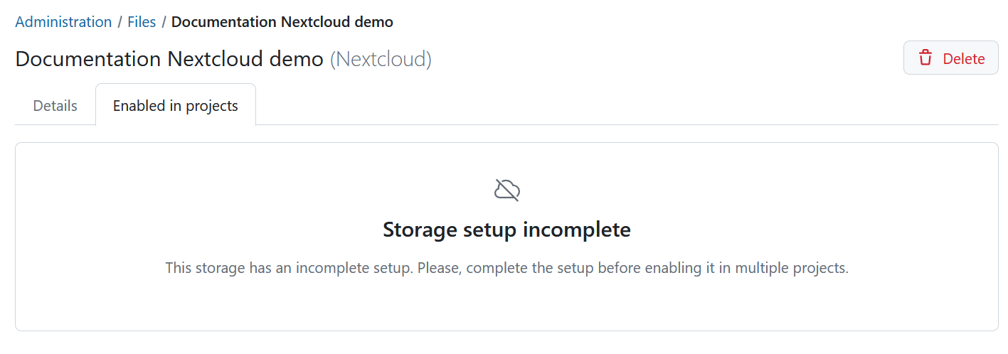 Storage setup incomplete message in OpenProject file storages administration