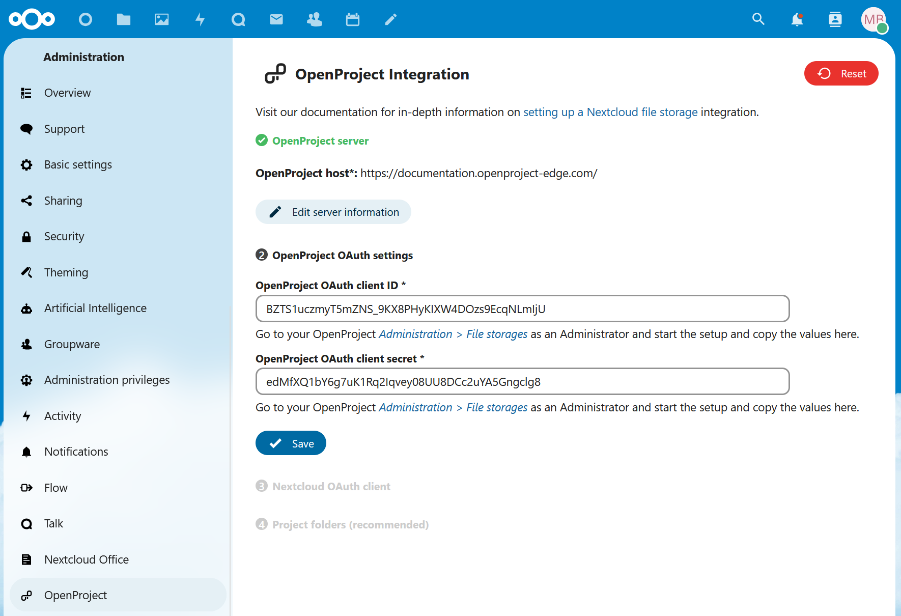 OAuth values generated by OpenProject are entered into Nextcloud app configuration