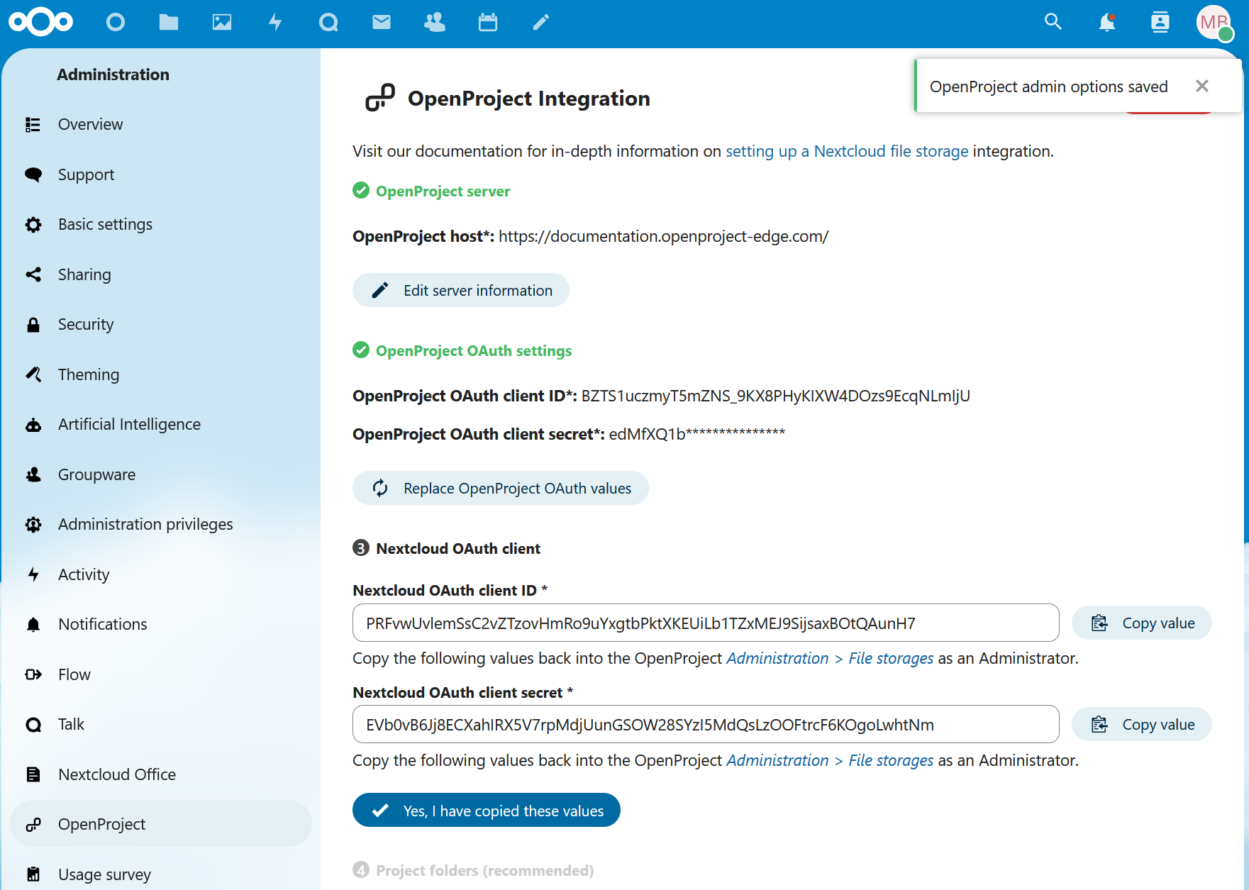 Nextcloud also generates OAuth values that need to be copied to OpenProject