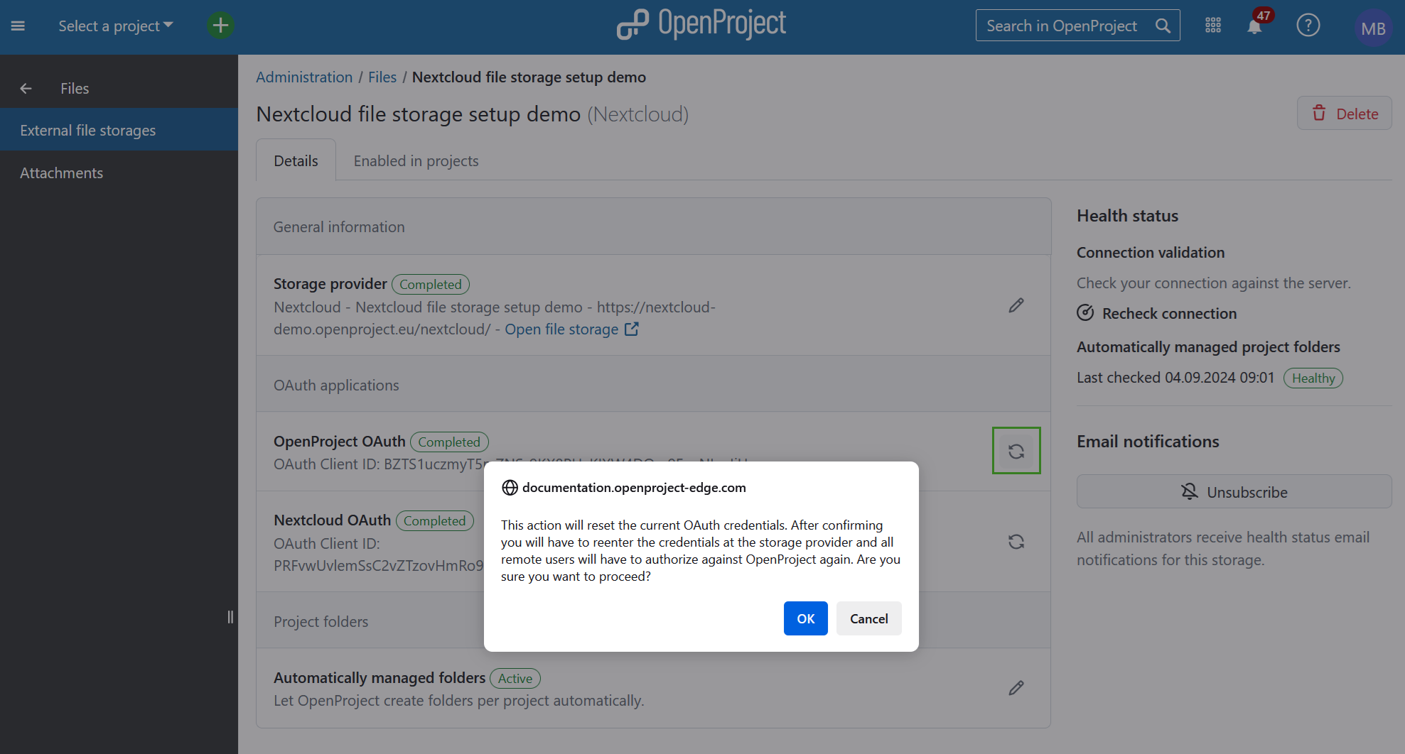 A dialogue asking the user to confirm they want to replace OpenProject OAuth values