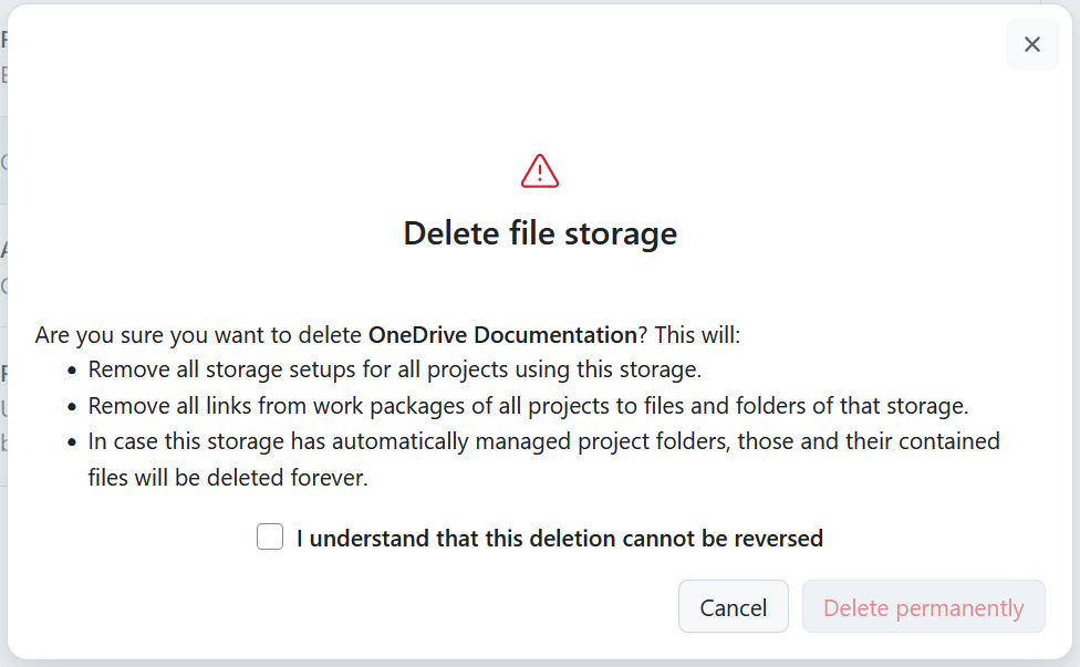 Delete a OneDrive integration from OpenProject system settings