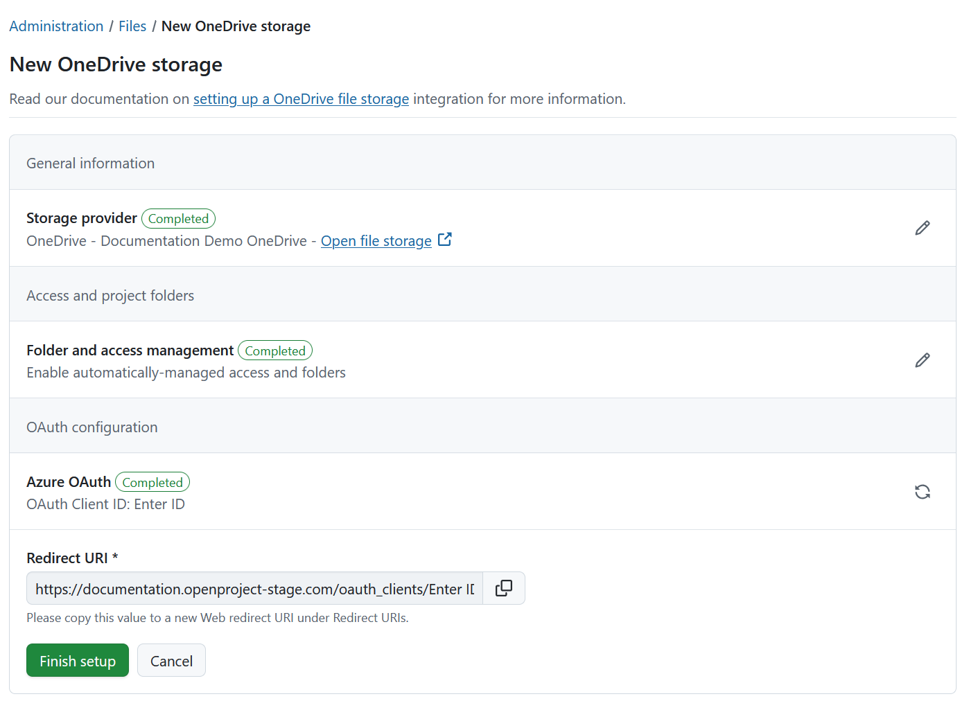 Redirect URI details in OneDrive file storage setup in OpenProject