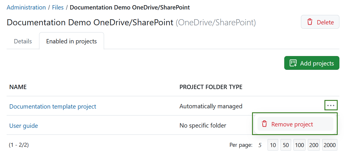 Remove OneDrive/SharePoint file storage from a project in OpenProject administration