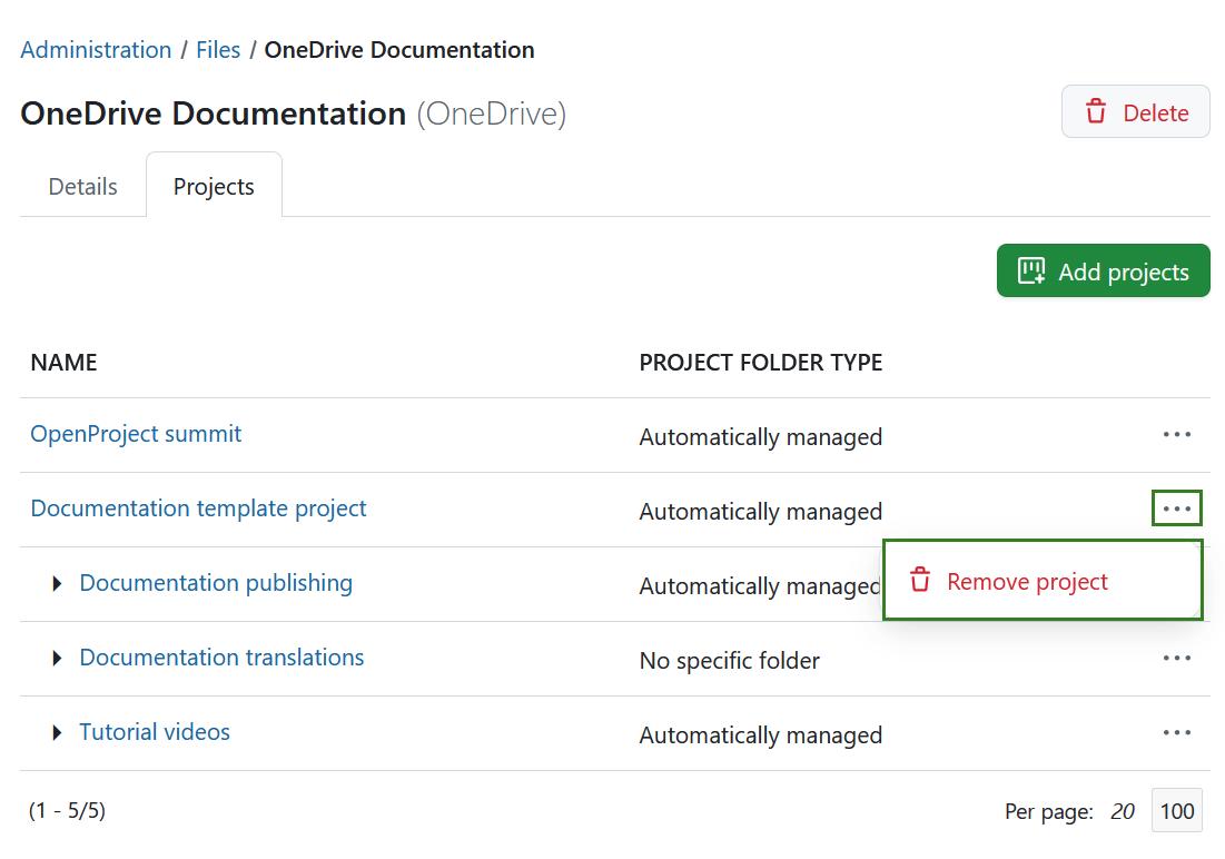 Remove OneDrive file storage from a project in OpenProject administration
