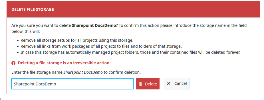 Delete a SharePoint integration from OpenProject system settings