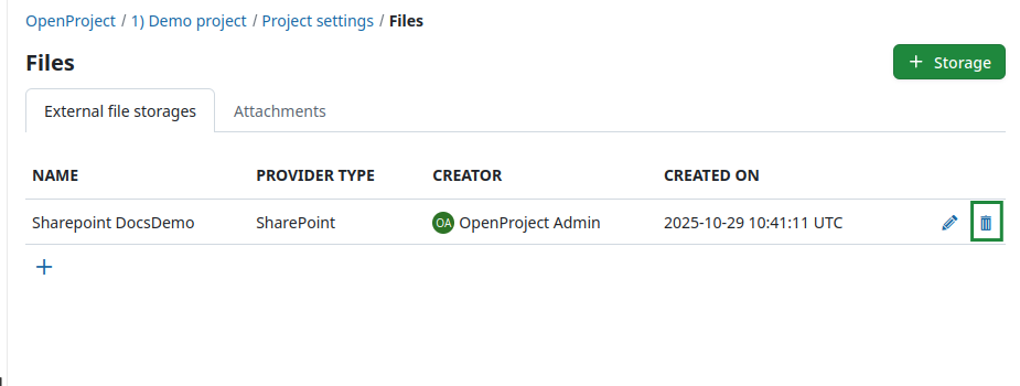 Delete a SharePoint storage from an OpenProject project