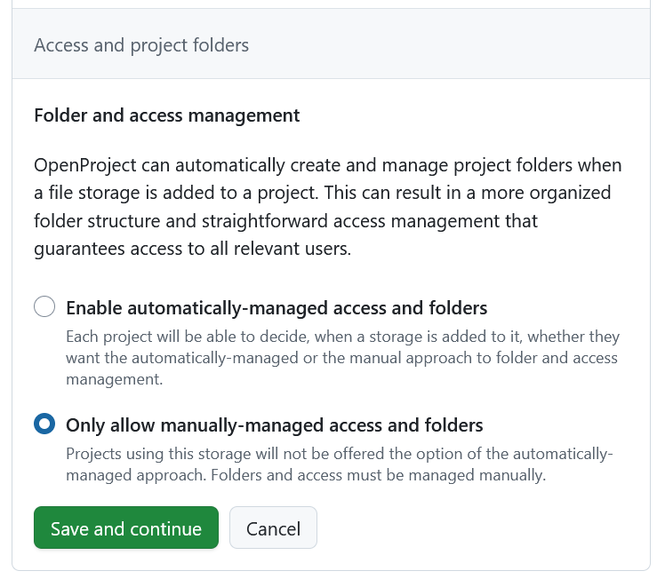 Folder and access management settings for SharePoint integration in OpenProject administration