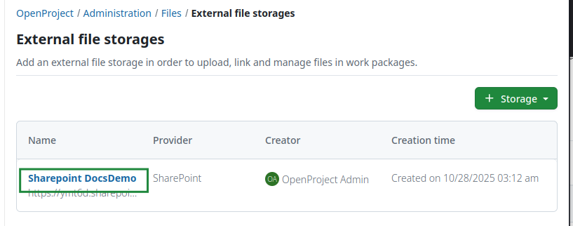 Select SharePoint file storage in OpenProject system administration