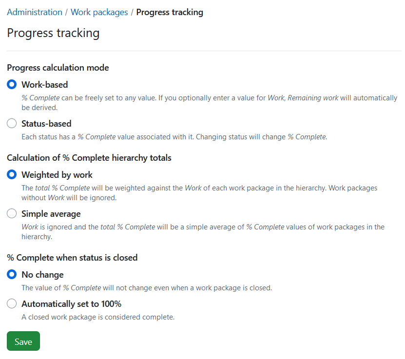 Progress tracking settings under OpenProject administration