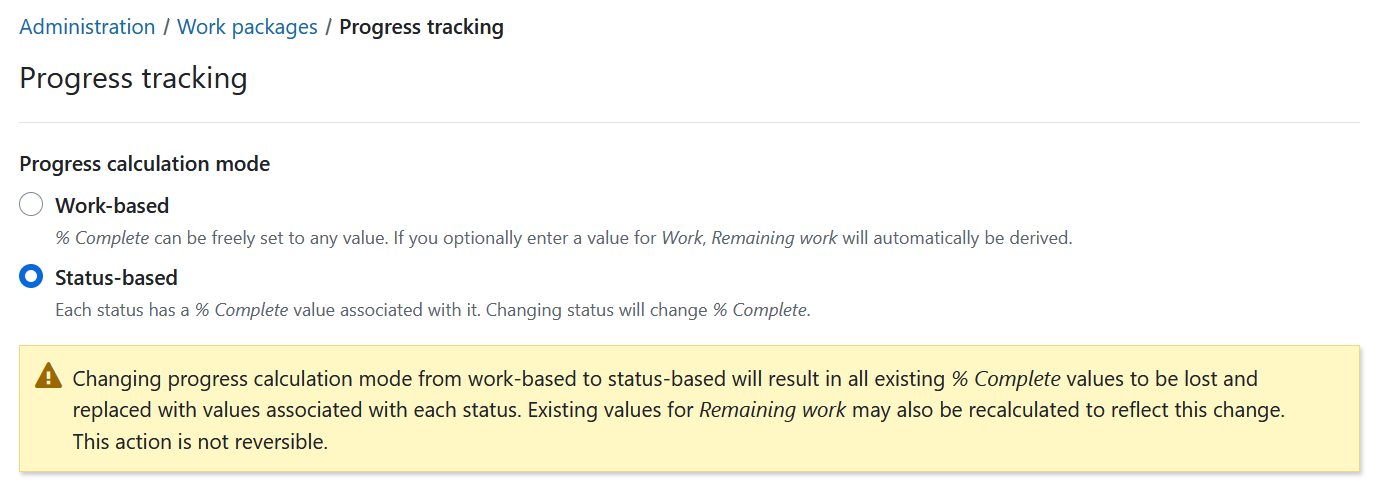 Warning message when changing progress calculation mode in OpenProject administration