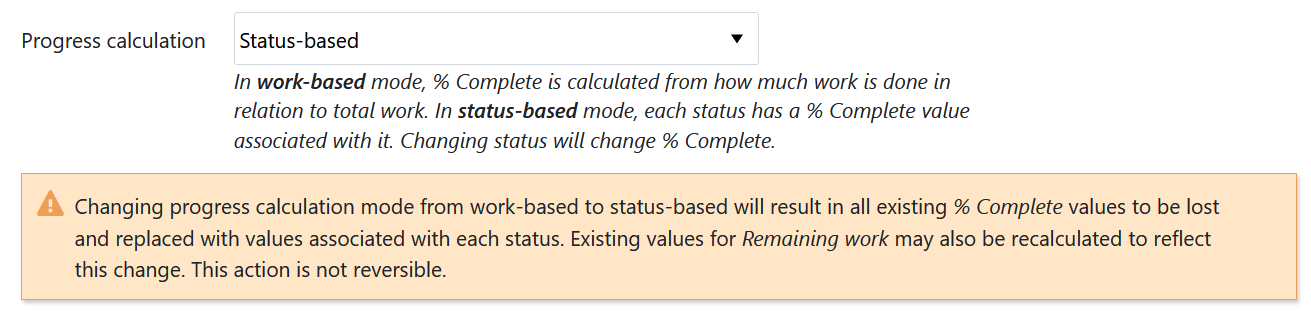 Warning message when changing progress calculation mode in OpenProject administration