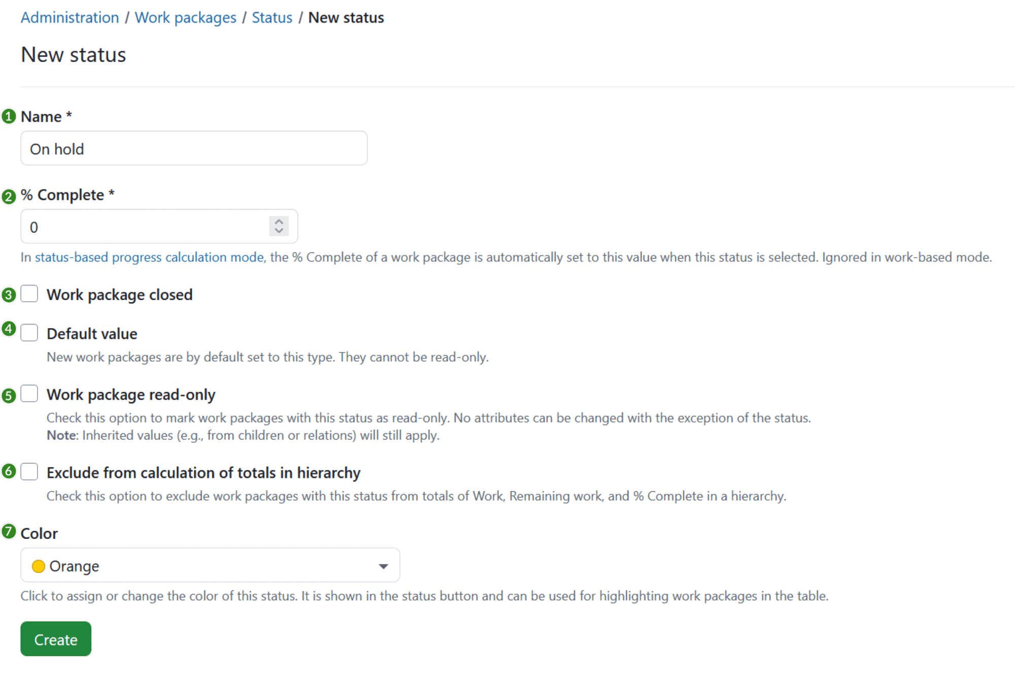 Create a new work package status in OpenProject administration