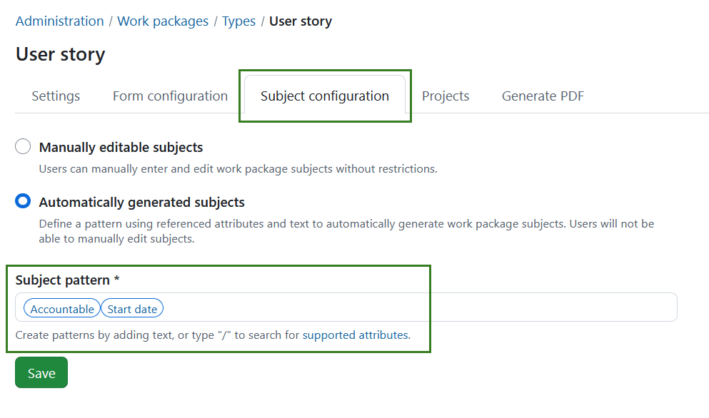 Example of automatic work package subject configuration in OpenProject administration