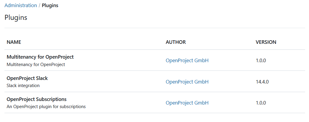 OpenProject plugins overview in system administration