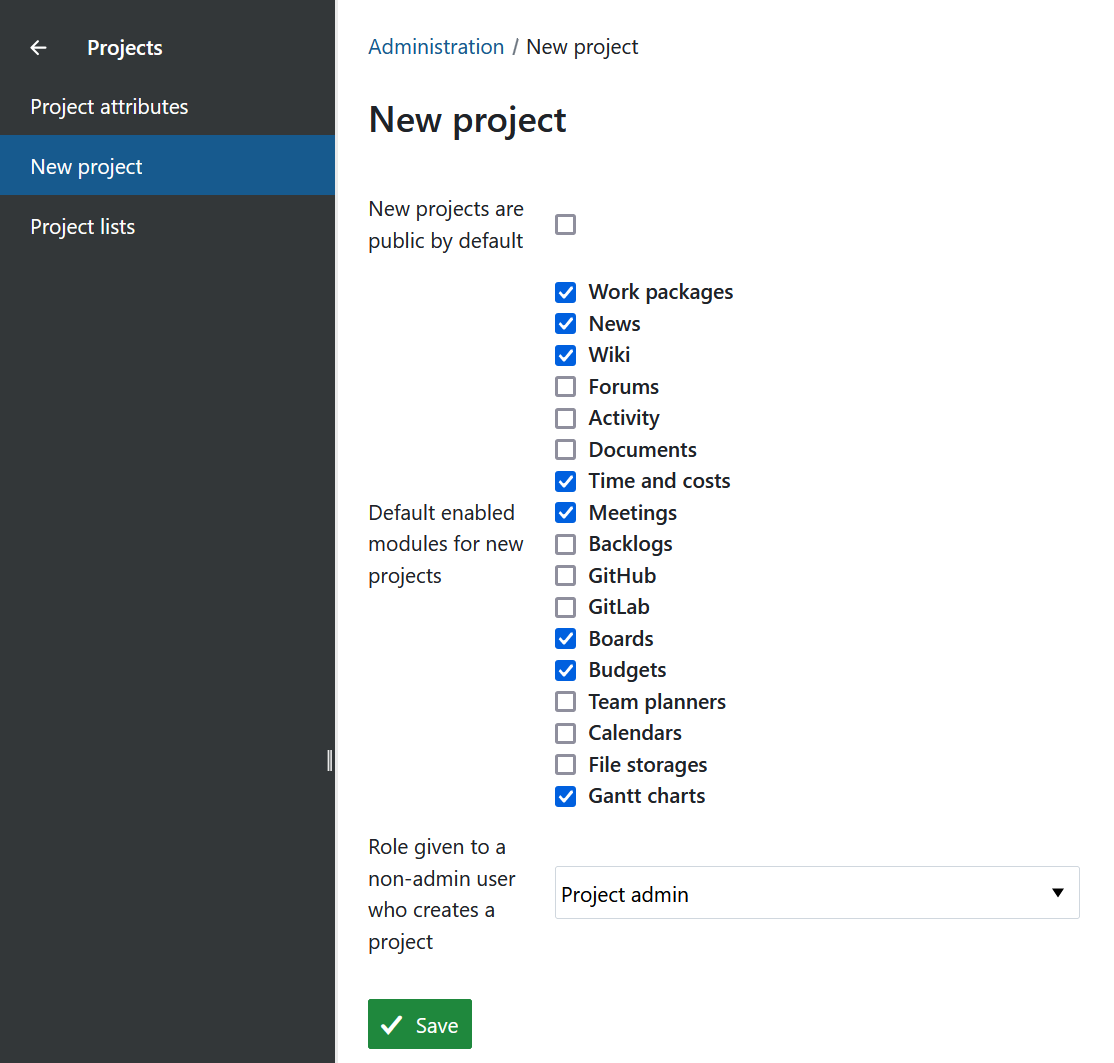 New project settings in OpenProject administration