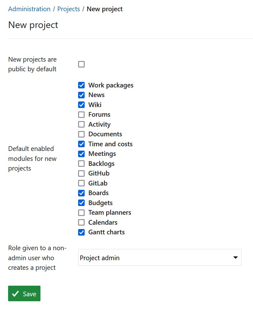 New project settings in OpenProject administration