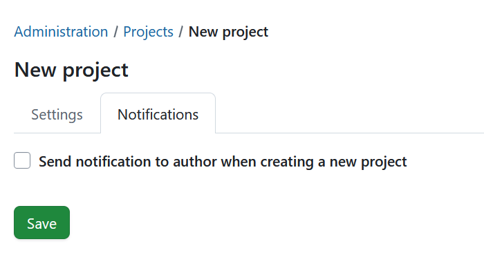 New project notifications tab in OpenProject administration