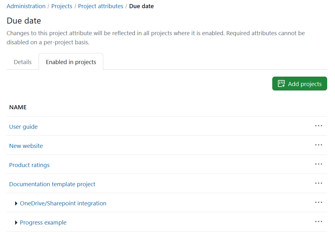 Project attributes enabled in projects list in OpenProject administration