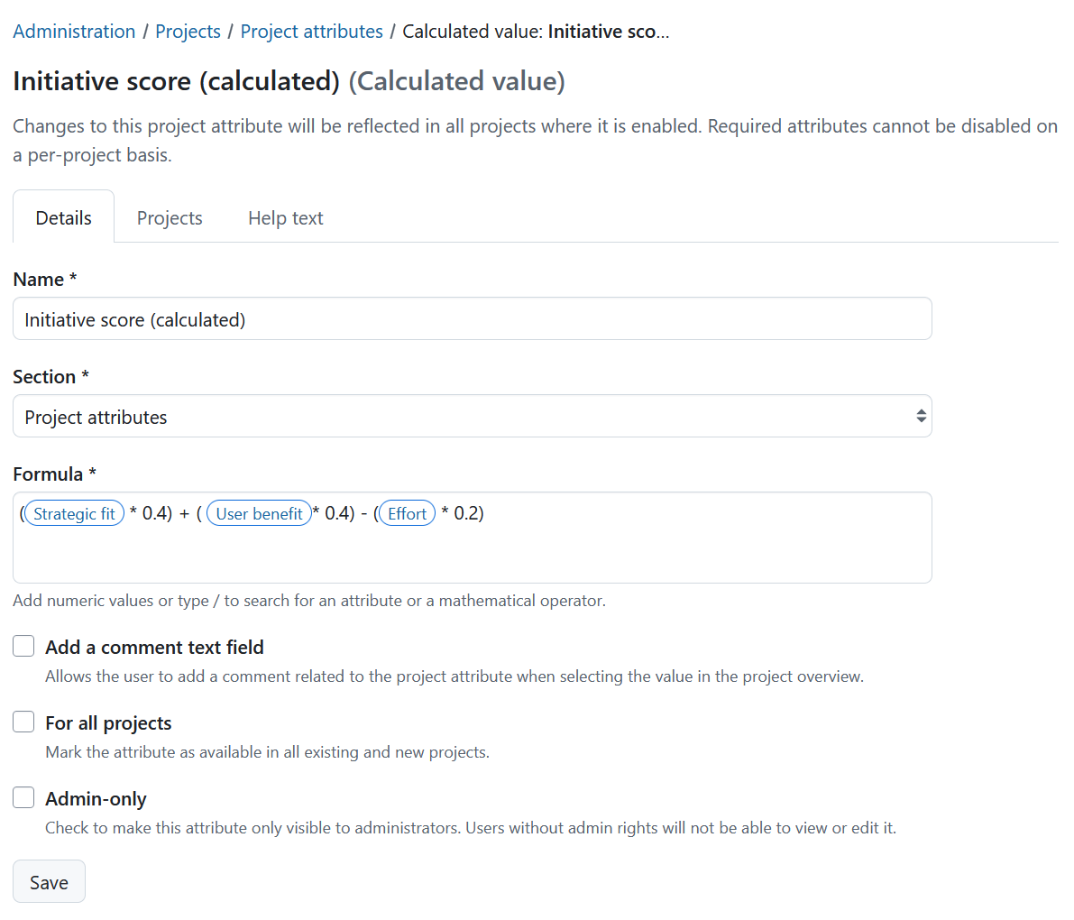An example of a project attribute of type “Calculated value” in OpenProject administration