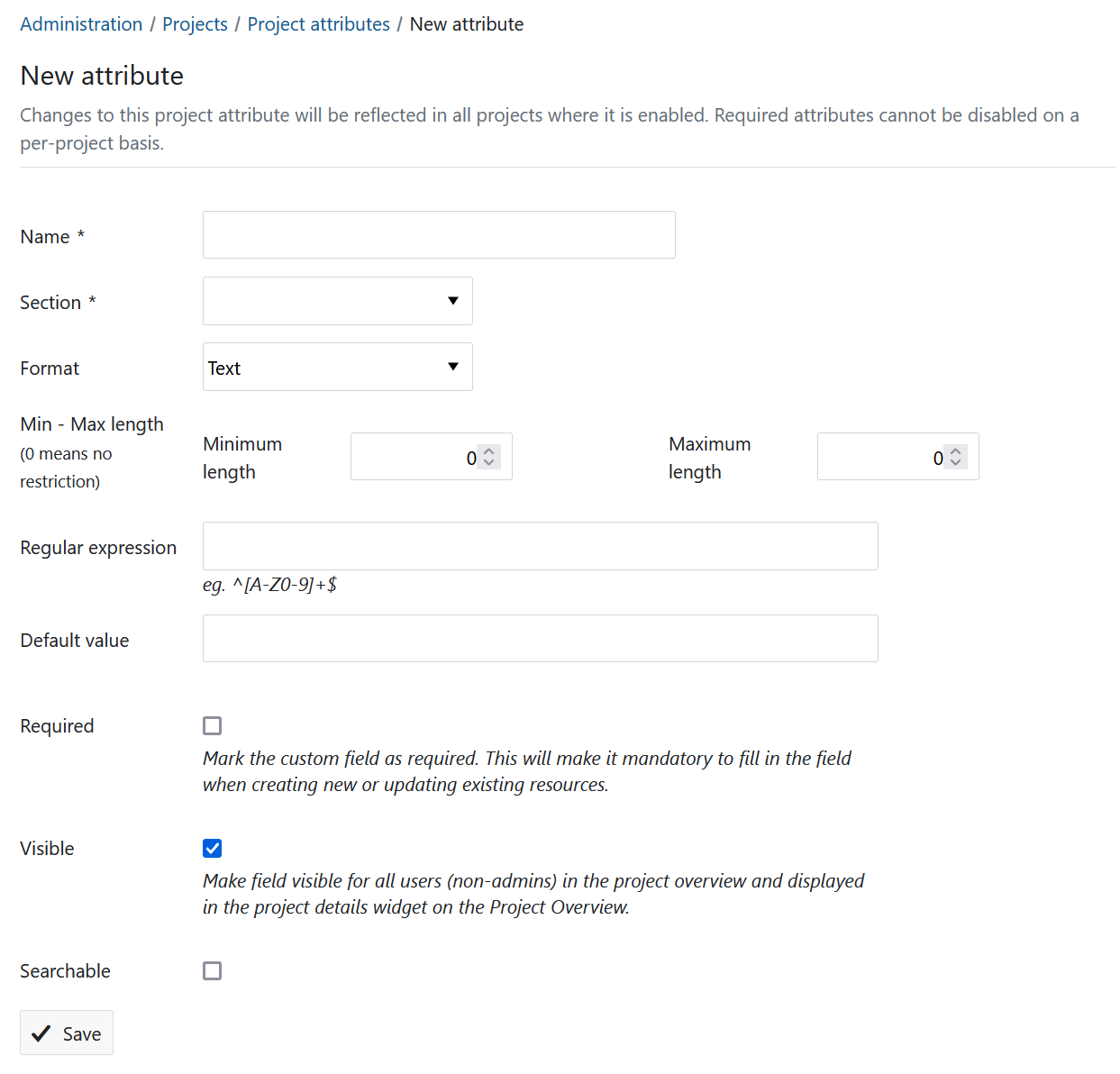 Create a new attribute form in OpenProject administration