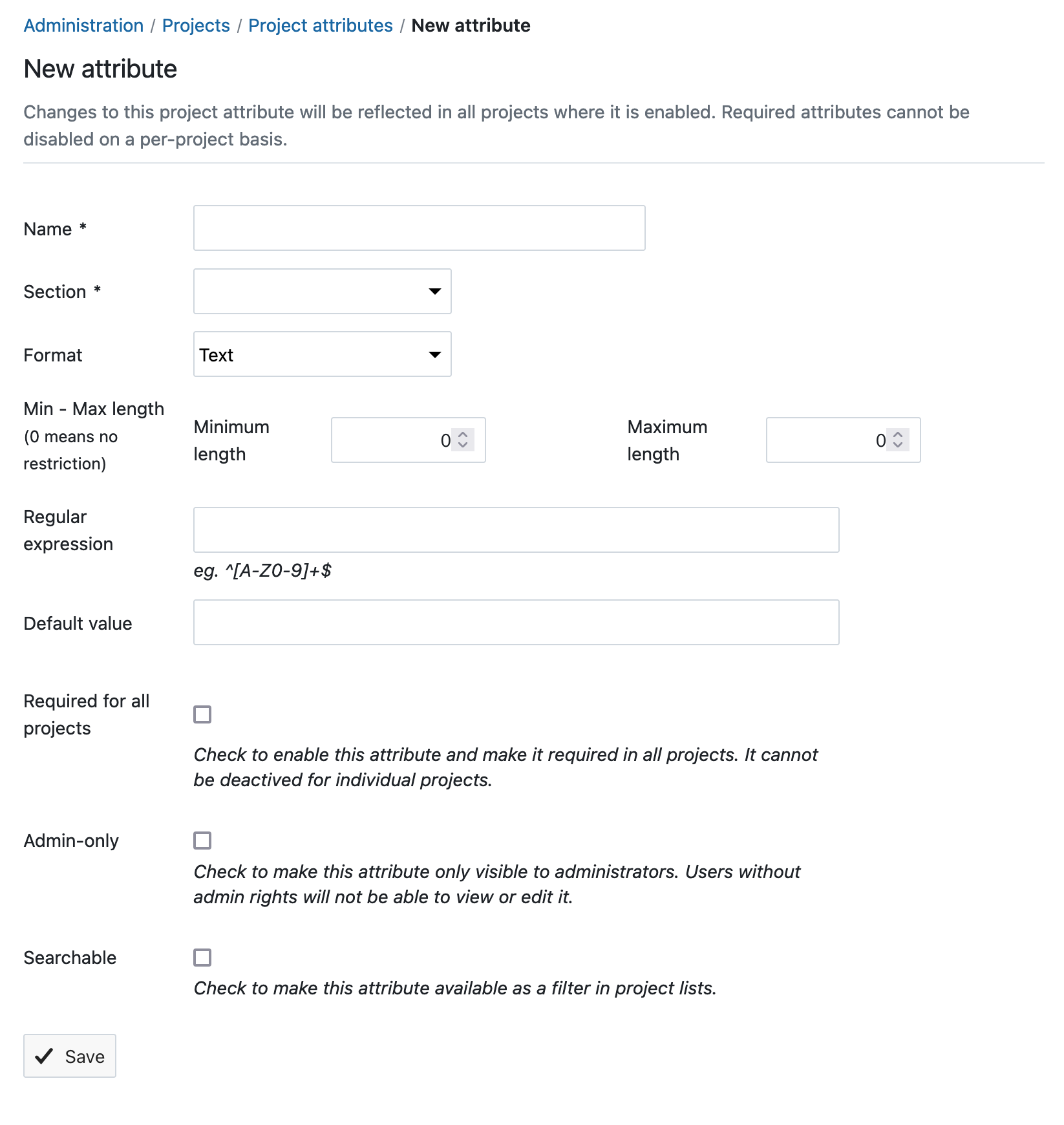 Create a new attribute form in OpenProject administration