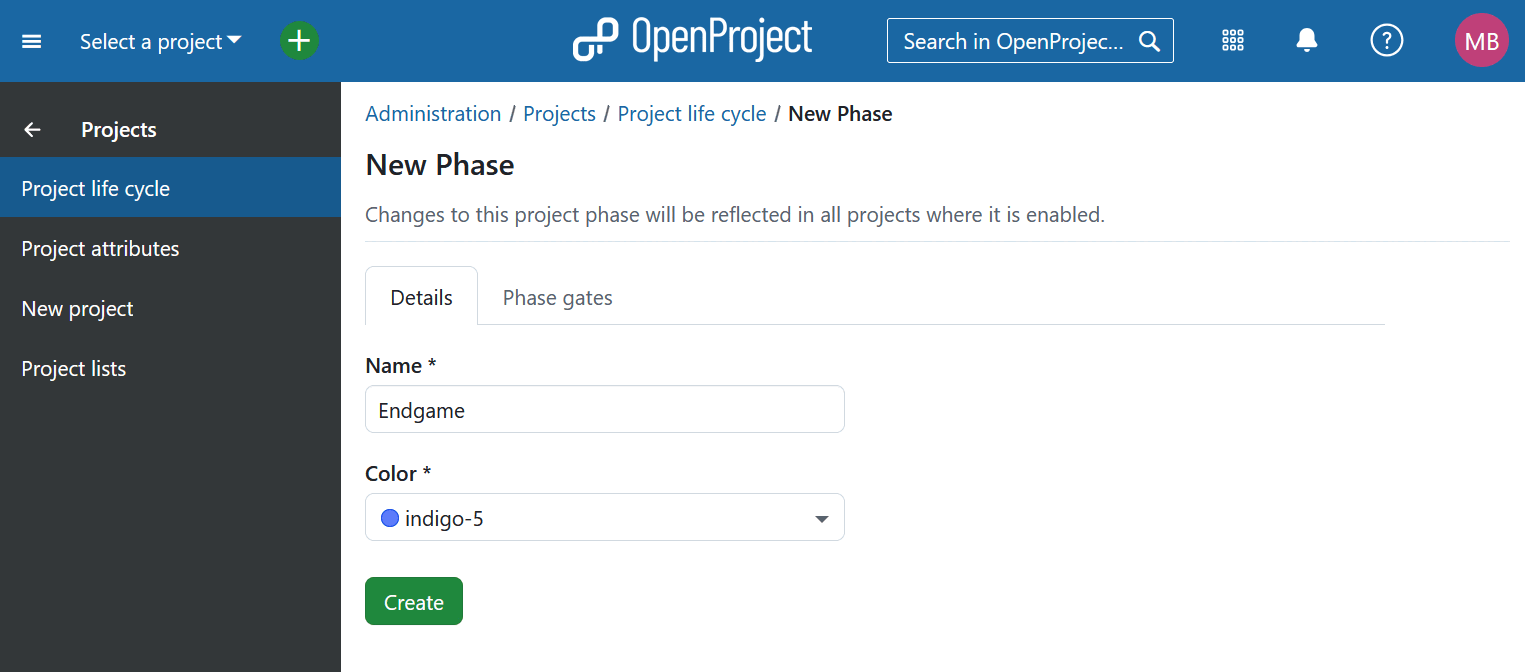 Add a new project phase under project life cycles in OpenProject system administration