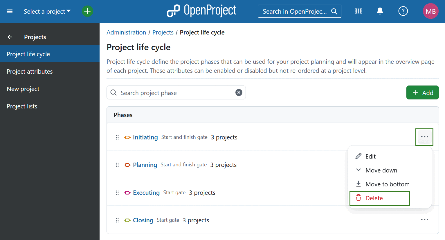 Delete project phases under OpenProject system settings