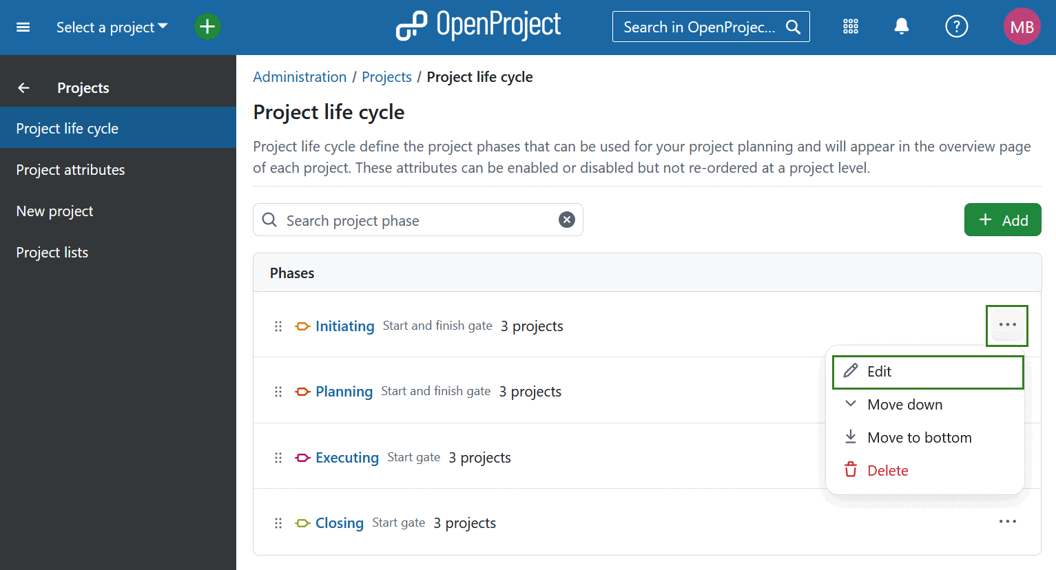 Edit project phases under OpenProject system settings