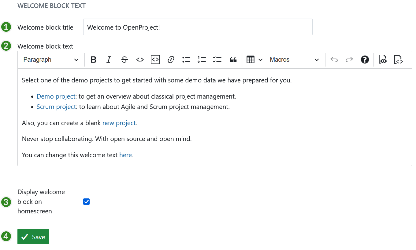 Welcome block text settings in OpenProject administration