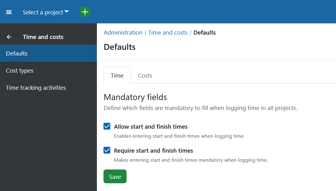 Default settings for time logging in OpenProject administration