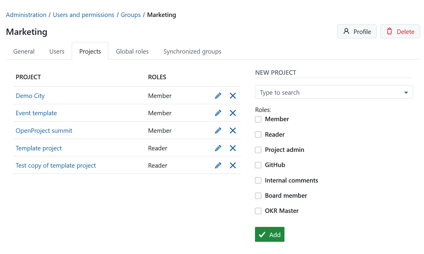 Add a group to a project in OpenProject administration