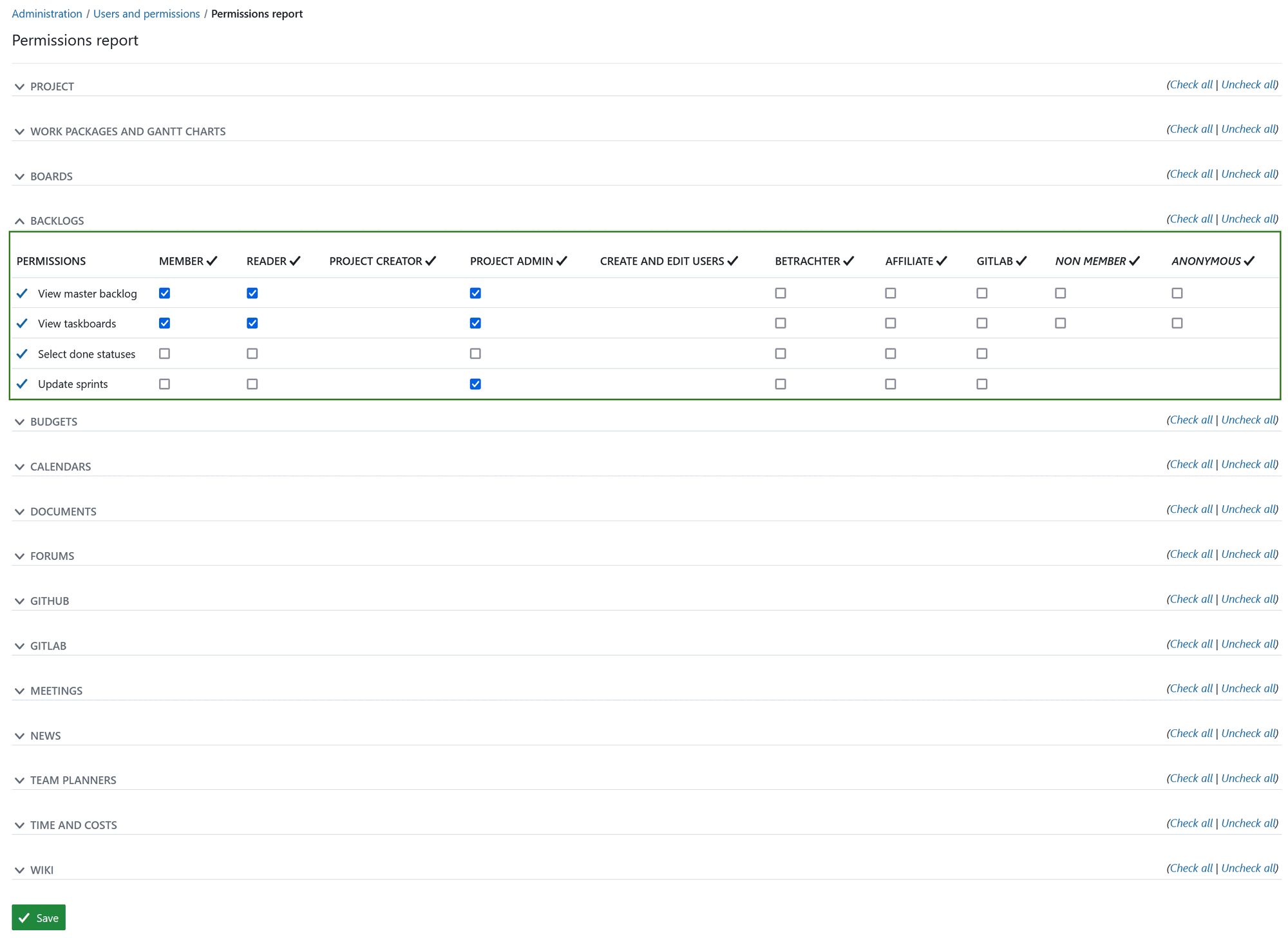 Edit permissions in permissions reports in OpenProject