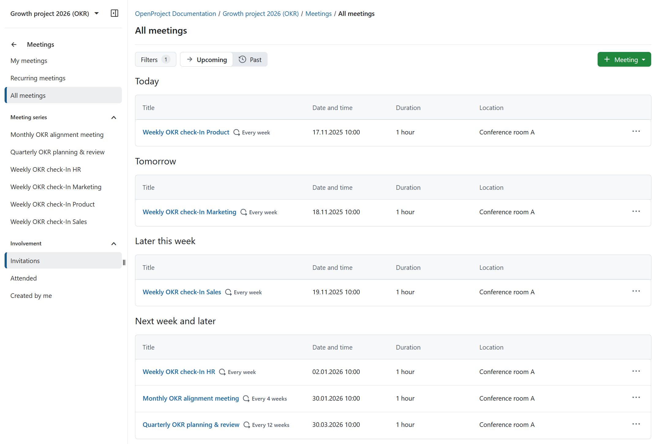 OKR meetings overview in OpenProject