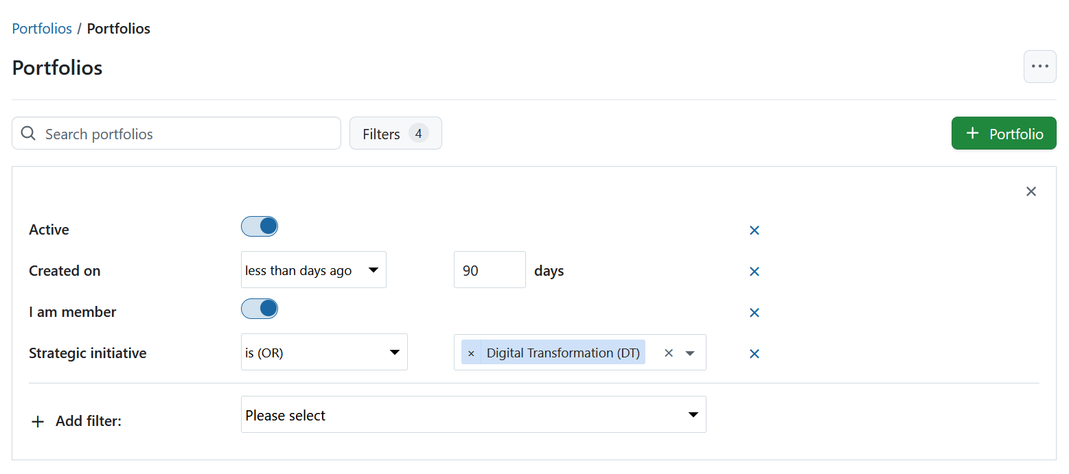 Detailed view of filters for the portfolios module in OpenProject