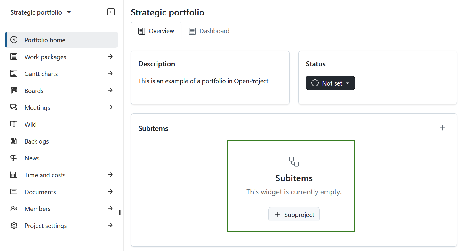 Subitems widget in a portfolio module in OpenProject
